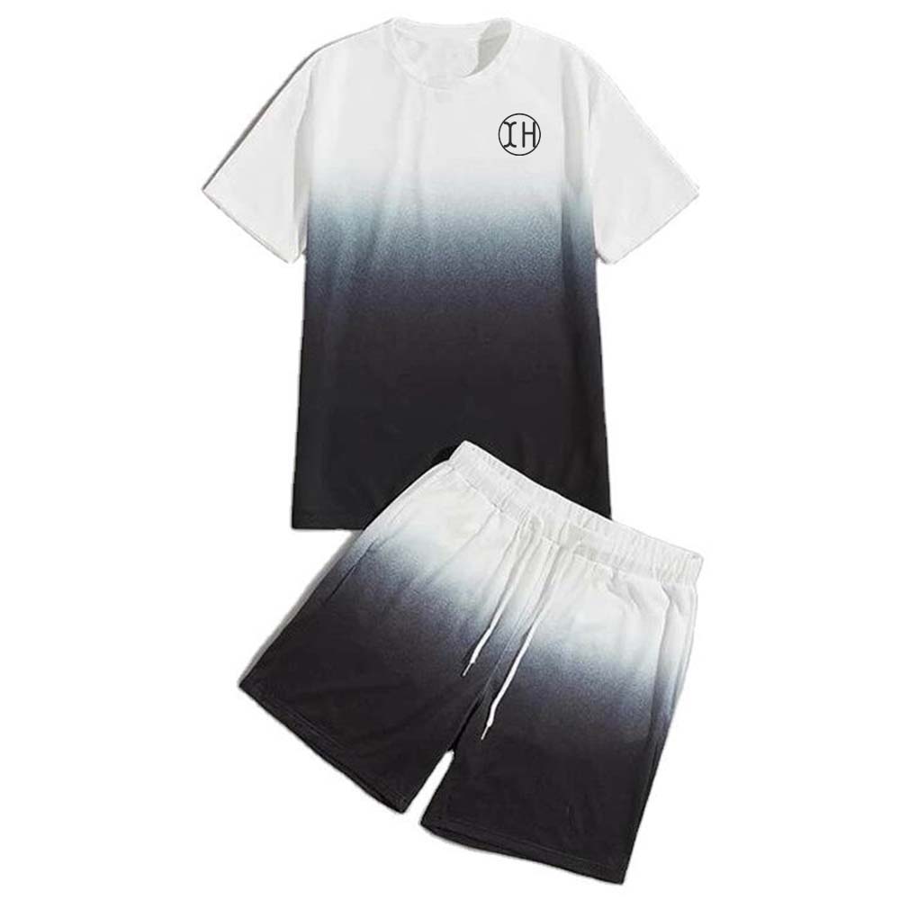XH-Fashion Custom Logo Gradient 2-Piece Short Set for Men, Ombre T-Shirt & Drawstring Shorts Outfit, Personalized Casual Loungewear Tracksuit