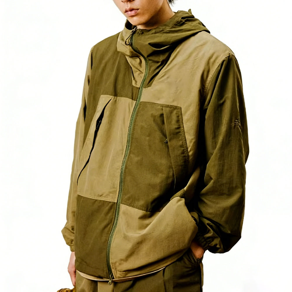 XH-Fashion Men's Color Block Hooded Windbreaker - Lightweight Waterproof Zip-Up Outdoor Jacket for Hiking & Streetwear