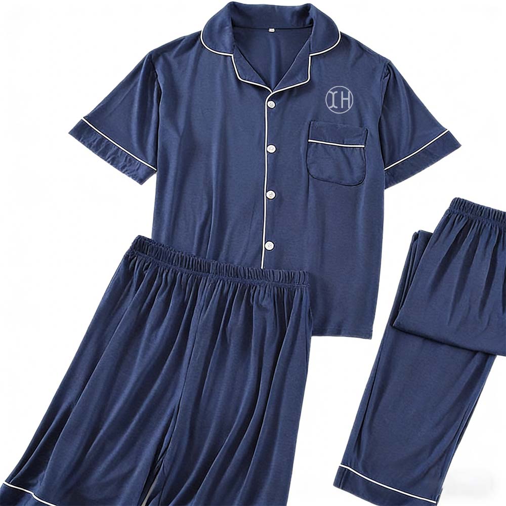 XH-Fashion Custom Logo Men's 3-Piece Pajama Set, Ultra-Soft Modal Short Sleeve Sleepwear with Contrast Piping, Personalized Loungewear for Home & Gifting-product