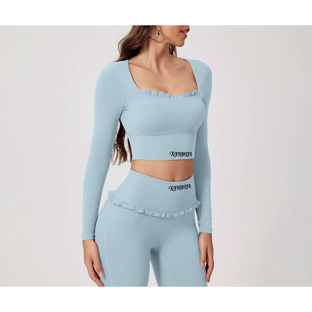 XH-Fashion Butterfly Ruffle Square Neck Yoga Outfit for Women High Waist Butt Lift Leggings Long Sleeve Crop Top 2 Piece Workout Set