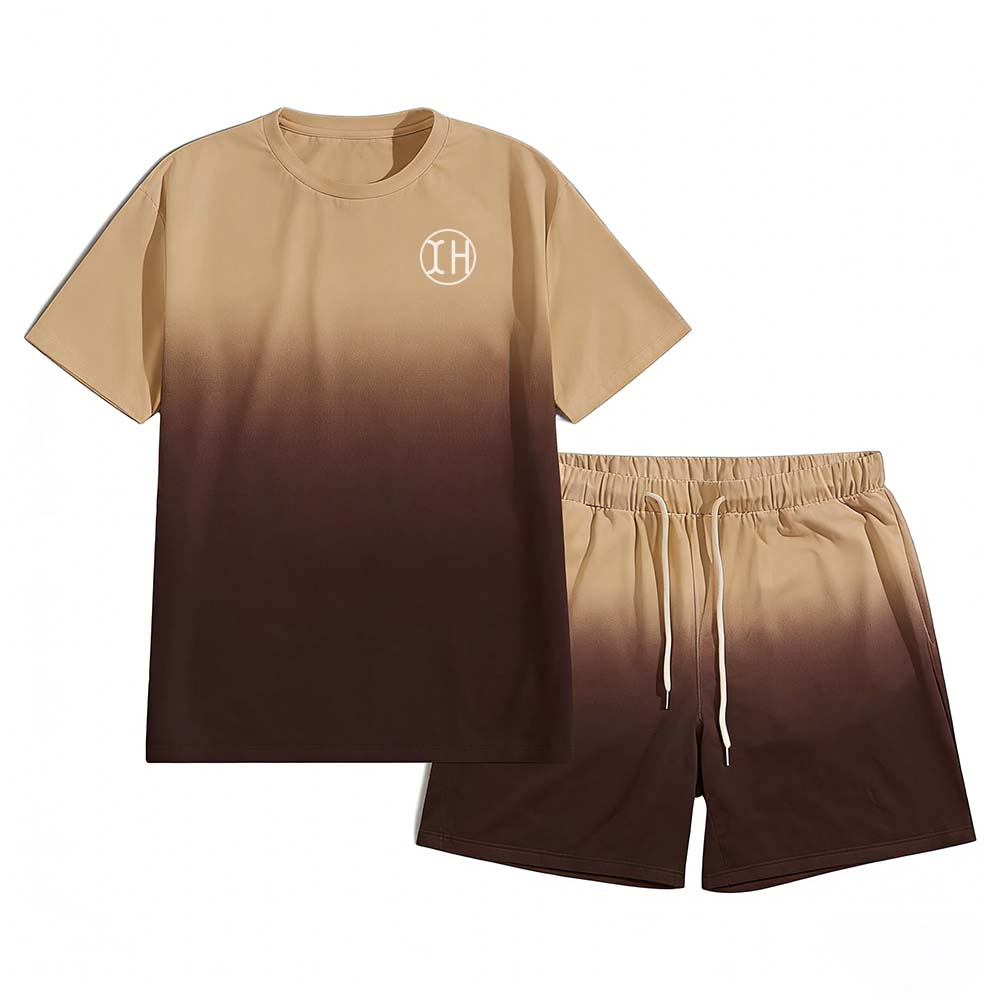 XH-Fashion Custom Logo Gradient 2-Piece Short Set for Men, Ombre T-Shirt & Drawstring Shorts Outfit, Personalized Casual Loungewear Tracksuit-product