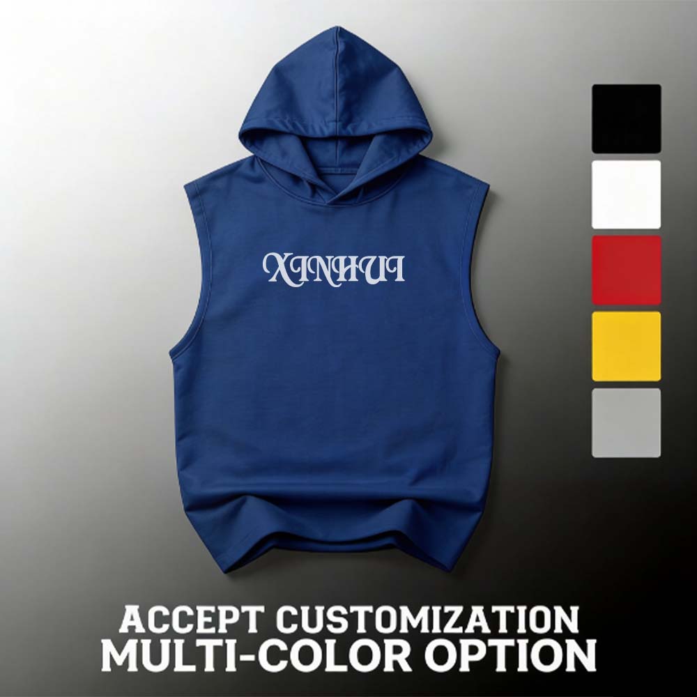 XH-Fashion Custom Logo Sleeveless Hoodie for Men, Personalized Hooded Tank Top, Multi-Color Customizable Gym Workout Sleeveless Hoodie