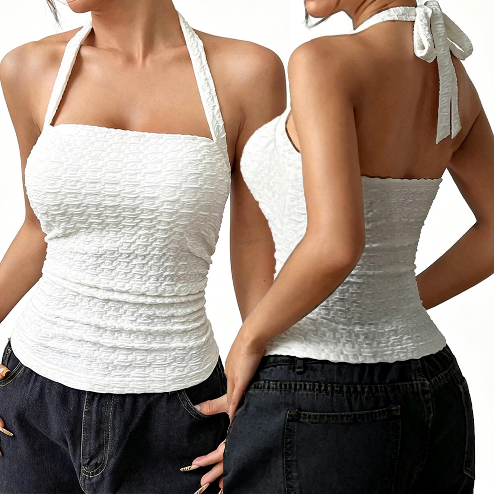 XH-Fashion Factory Wholesale Bubble Textured Halter Top, Women's Square Neck Backless Tie Bow Slimming Cami Tank Top, Summer Y2K Sleeveless Top, Customizable OEM/ODM