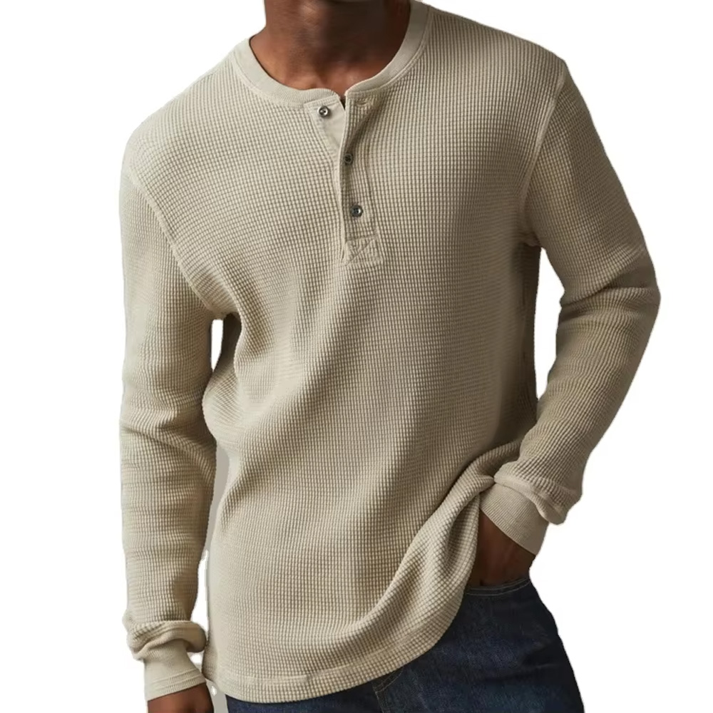 XH-Fashion Men's Waffle Knit Henley Long Sleeve T-Shirt A Timeless Wardrobe Staple for Effortless Year-Round Style