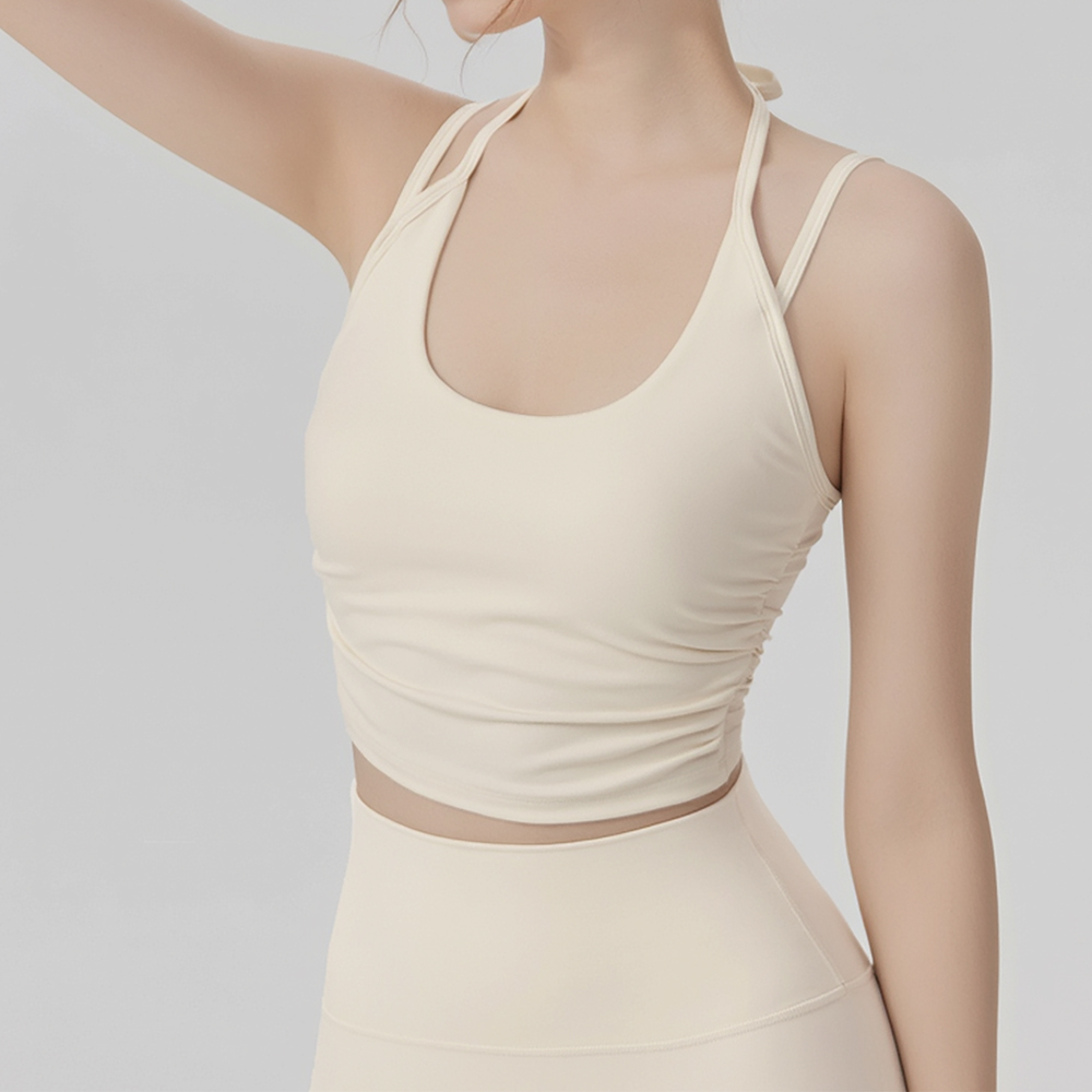 XH-Fashion Factory Wholesale Halter Neck Yoga Top, Women’s Double-Strap Backless Sports Bra, Ruched Slim-Fit Workout Tank with Removable Pads, OEM/ODM Customizable