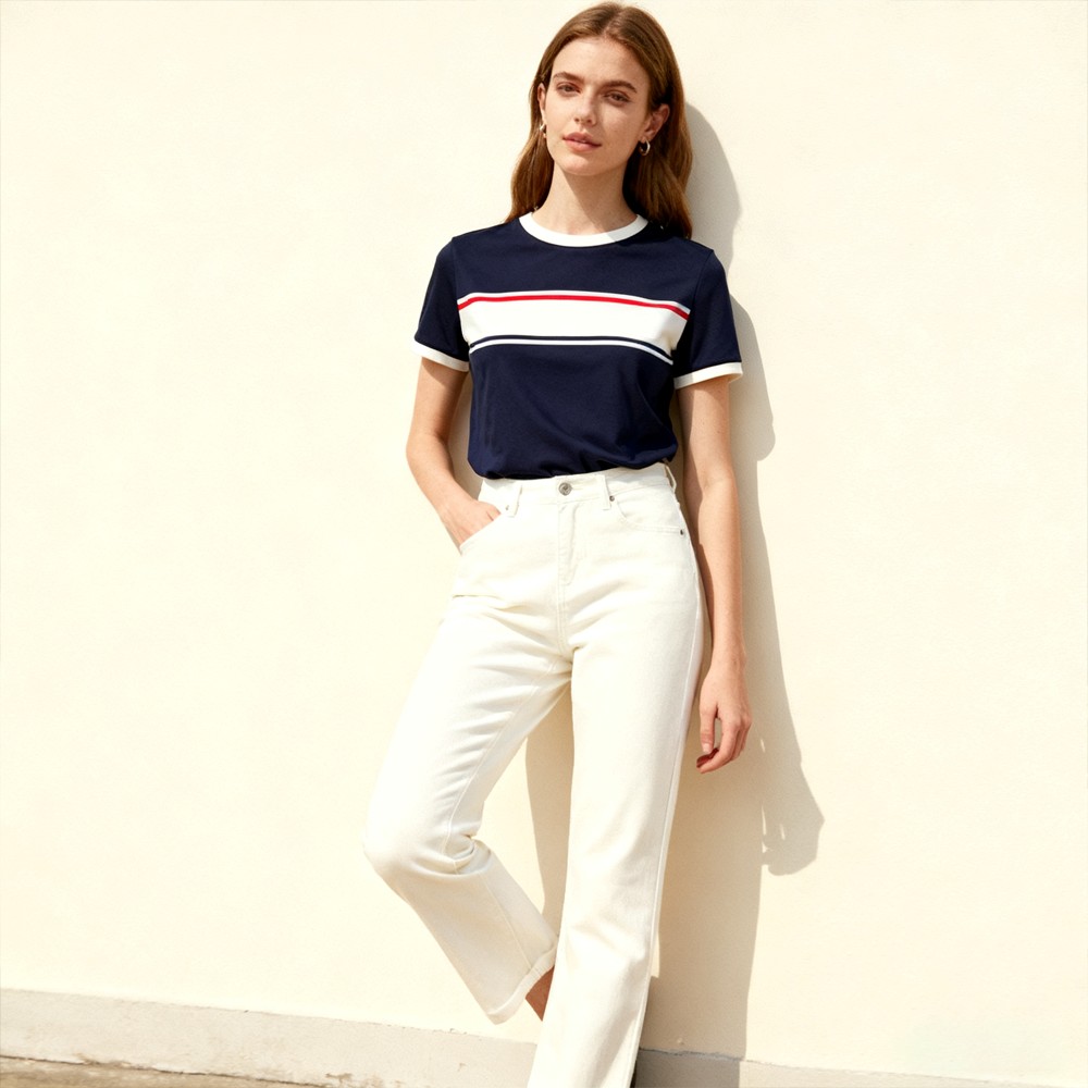 XH-Fashion OEM Womens Retro Striped Crew Neck Short Sleeve Tees-product