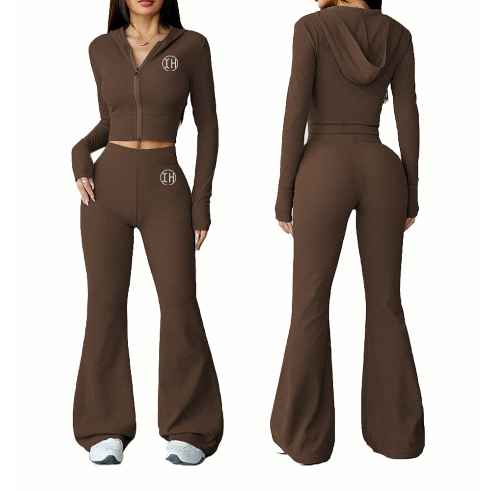 XH-Fashion OEM Women's Ribbed Hooded Workout Set High Waist Flare Leggings Activewear Manufacturer