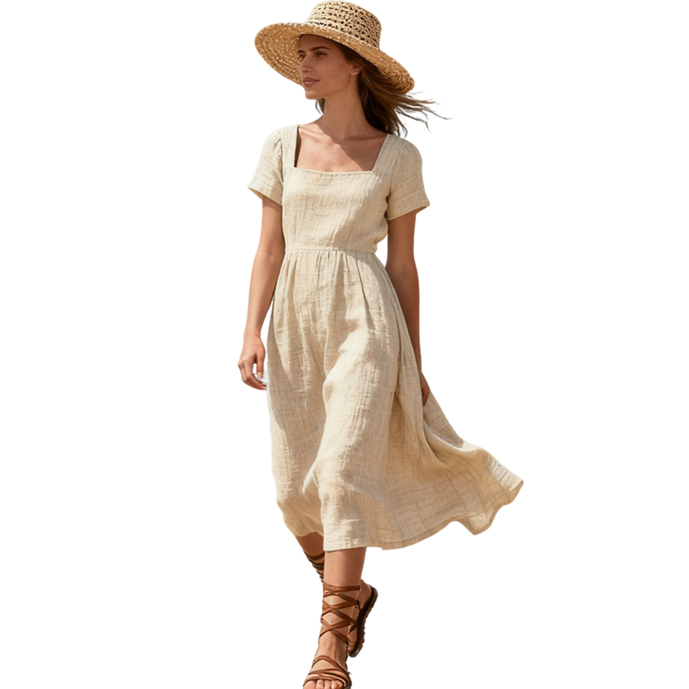 XH-Fashion OEM Women's Square Neck Linen Summer Midi Dress